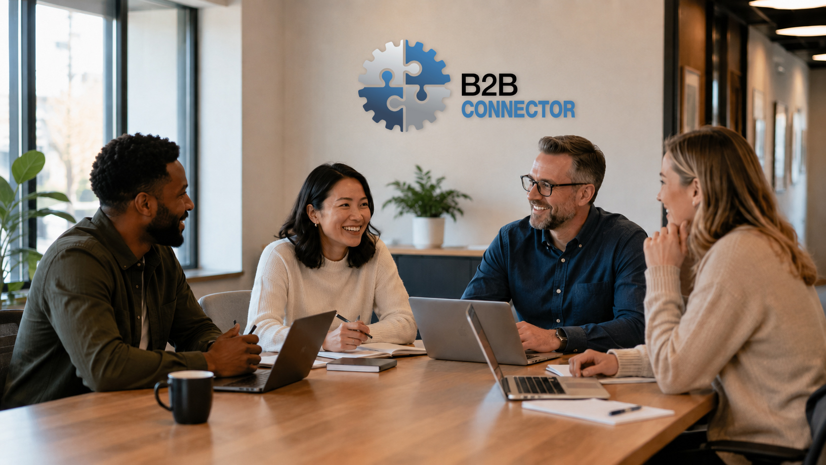 B2BConnector team meeting casually around a conference table with the company logo on the wall behind them